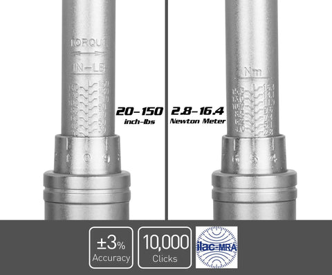 Industrial Torque Wrench 30 to 150 in-lbs with dual scale showing inch-lbs and Newton meters calibration details