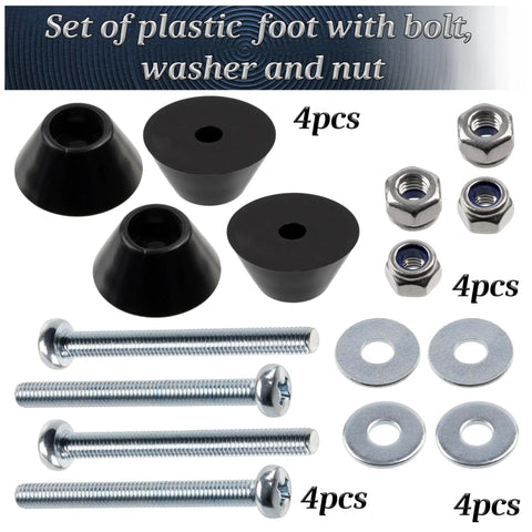 All In One Round Furniture Glide Kit In Black Plastic with 4 glides, 4 M3 screws, 4 locking nuts, and 4 washers