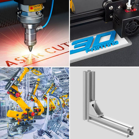 Collage of CNC laser cutting, 3D printing, robotics assembly line, and CNC aluminum frame with 50 Piece Aluminum Profile Connector Kit