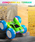 Epic 360 Degree Flip RC Car All Terrain 4WD Stunt Toy climbing stairs showing durability.