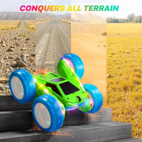 Epic 360 Degree Flip RC Car All Terrain 4WD Stunt Toy climbing stairs showing durability.