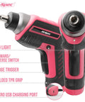Pink 35 Piece Cordless Tool Kit With 3.6V USB Electric Screwdriver Set For Women showing screw head and grip features.