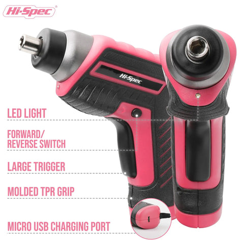Pink 35 Piece Cordless Tool Kit With 3.6V USB Electric Screwdriver Set For Women showing screw head and grip features.