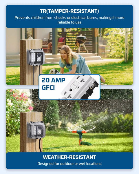 Heavy Duty Outdoor GFCI Outlet Kit With Self Test For Garden And Yard Use Weatherproof Metal Box 20 Amp NEMA 5 20R Outdoor Power Outlet Safe DIY Setup installed on post