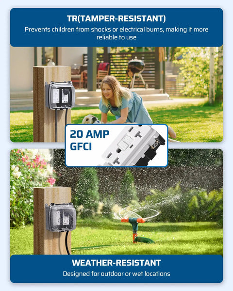 Straight Up Dual 20 Amp Outdoor Outlet Box With Weatherproof Gfci Receptacles showing tamper-resistant GFCI installation near a yard.