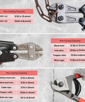 Beefy 3 Piece Bolt Cutter Set With 14 Inch Heavy Duty Bolt Cutter 8 Inch Mini Cutter And 8 Inch Wire Rope Cutter Ergonomic Handles For Easy Leverage When Cutting Locks Chains Iron Wire Carrying Case Included image showing cutting capacities.