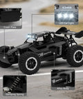 One Sixteenth Scale All Terrain RC Monster Truck With LED Headlights 2WD, detailed view showing crash plate, LED light, damping spring, alloy body.