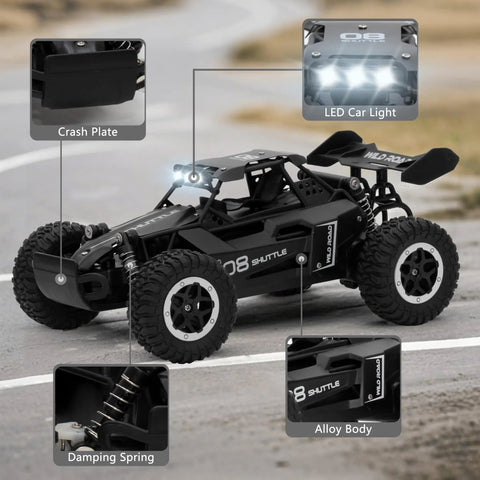One Sixteenth Scale All Terrain RC Monster Truck With LED Headlights 2WD, detailed view showing crash plate, LED light, damping spring, alloy body.