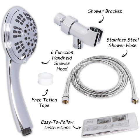 Powerful High Pressure Handheld Shower Kit With 6 Function Spray Removable Showerhead Hose And Mount Easy Install Kit