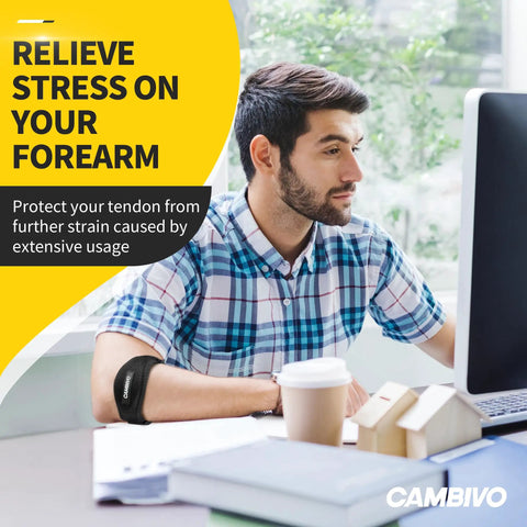 Man at desk wearing 2 Pack Tennis Elbow Brace Strap For Tendonitis Pain Relief With Contoured EVA Pad