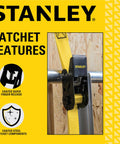 1 Inch Wide Ratchet Straps 10 Feet Go To Light Cargo Tie Down Straps With 300 Lb Working Load And 900 Lb Break Strength Black Yellow 4 Pack Featuring Reinforced Edging Vinyl Coated S Hooks Rust Resistant Non Marring with coated steel ratchet components and quick finger release shown on a wooden board