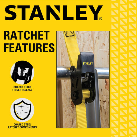 1 Inch Wide Ratchet Straps 10 Feet Go To Light Cargo Tie Down Straps With 300 Lb Working Load And 900 Lb Break Strength Black Yellow 4 Pack Featuring Reinforced Edging Vinyl Coated S Hooks Rust Resistant Non Marring with coated steel ratchet components and quick finger release shown on a wooden board