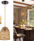 Boho Rattan Pendant Light Fixture With 72in Golden Cotton Cord Handwoven Hanging Lamp For Kitchen Island And Living Room Bulb Included Warm Ambient Glow Easy Install