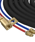 WP 20F 250Amp Water Cooled TIG Welding Torch With Flexible Head And 25 Foot Cable Pro Grade Build Built To Last For Steel And Aluminum Welds Gas And Water Line Connections Included showing gas and water connections with cable
