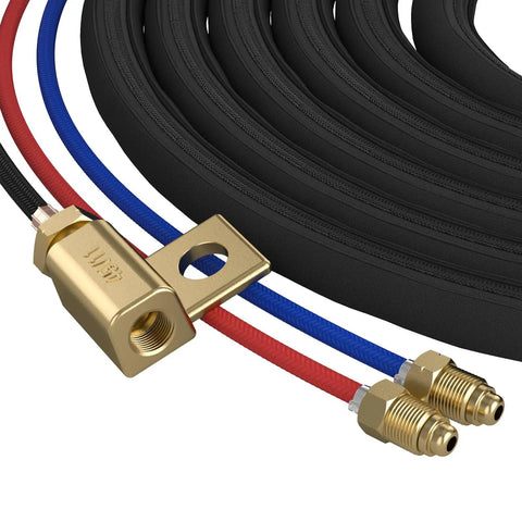 WP 20F 250Amp Water Cooled TIG Welding Torch With Flexible Head And 25 Foot Cable Pro Grade Build Built To Last For Steel And Aluminum Welds Gas And Water Line Connections Included showing gas and water connections with cable