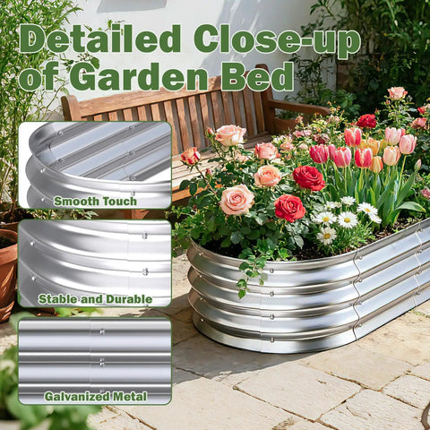 Galvanized Raised Garden Bed Outdoor 4x2x1ft Two Pack filled with flowers, showing metal texture and details, on a patio.