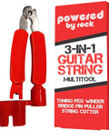 3-in-1 guitar string tool with red plastic handles and metal jaws beside a red packaging box.
