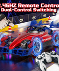 Remote control monster truck, 1:12 scale, red with blue chassis and glowing wheels; white handheld controller.