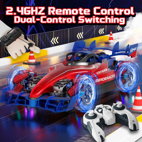 Remote control monster truck, 1:12 scale, red with blue chassis and glowing wheels; white handheld controller.