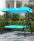 Three Seat Outdoor Porch Swing 2 In 1 Swing Glider With Adjustable Canopy Weatherproof Fabric Removable Cushions Foot Pads Curved Handrails Outdoor Swing For Patio Garden Balcony Backyard Turquoise viewed from front angle