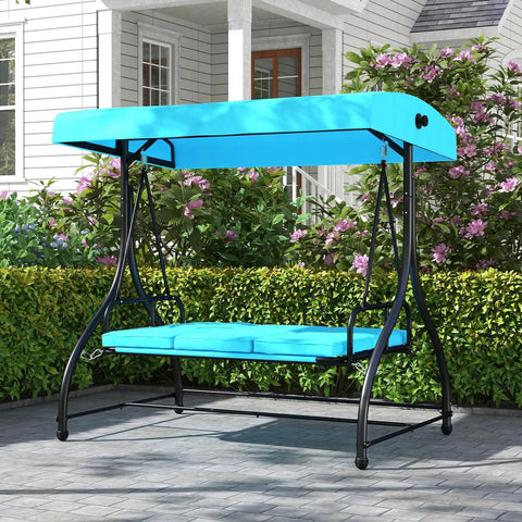 Three Seat Outdoor Porch Swing 2 In 1 Swing Glider With Adjustable Canopy Weatherproof Fabric Removable Cushions Foot Pads Curved Handrails Outdoor Swing For Patio Garden Balcony Backyard Turquoise viewed from front angle