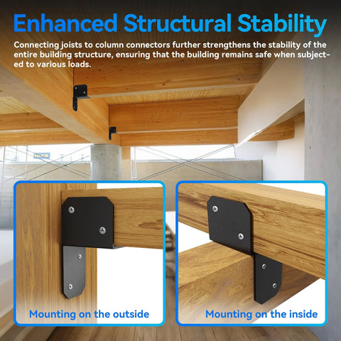 Structural support using Eight Piece Black Joist Anchor Connectors For 2x4 Lumber Post Caps Tie Brackets with black powder coating.