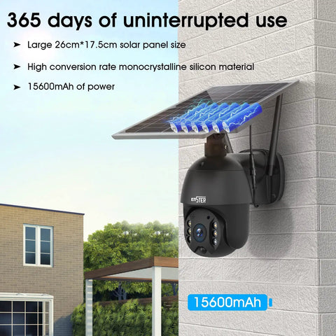 Wireless Outdoor Solar Security Cam With 360 Degree PTZ And Spotlight, Battery Powered mounted on building exterior