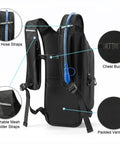 Lightweight Hydration Backpack With 2L Water Bladder showing breathable mesh straps and easy access pockets, black.