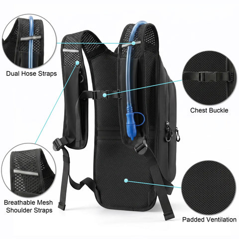 Lightweight Hydration Backpack With 2L Water Bladder showing breathable mesh straps and easy access pockets, black.