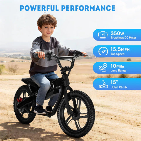 Kids Electric Bike With 350W Motor, 15.5 MPH Top Speed, 36V 5.2Ah Battery, 10 Mile Range, 16 Inch Pneumatic Tires, Dual Braking, For Ages Six And Up, Rugged Off Road Electric Bicycle, child riding on dirt path
