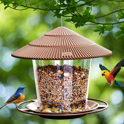 Outdoor Hanging Bird Feeder For Wild Birds Squirrelproof Seed Feeder With Durable Metal Rope Twist Lock And Easy Fill Design In Brown Weatherproof Finish For Garden Backyards shown with birds feeding