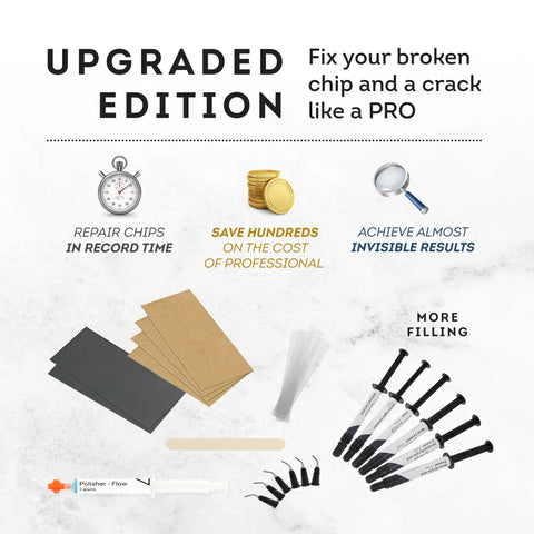 Refill For White Surface Repair Kit That Fixes Chips And Scratches In Minutes displaying syringes and sanding pads.