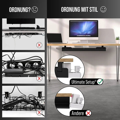 Comparison of desk setups showing before and after using Under Desk Cable Tray For Clean, Mess Free Workspaces, Easy Cable Management Organizer