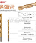 Hi-Spec HSS drill bits, titanium-coated steel, front view with two bits shown