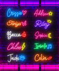Custom Neon Signs For Wall Decor Personalize Large LED Neon Light Signs With Your Name Or Logo Lit For Weddings Bars Businesses Bedrooms Parties, showcasing multiple colorful names against a dark background.