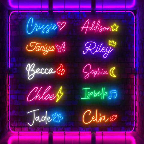 Custom Neon Signs For Wall Decor Personalize Large LED Neon Light Signs With Your Name Or Logo Lit For Weddings Bars Businesses Bedrooms Parties, showcasing multiple colorful names against a dark background.