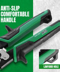 Close-up of anti-slip handles on three piece aviation tin snips set with left right and straight cut for sheet metal.