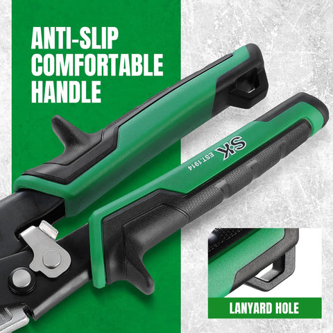 Close-up of anti-slip handles on three piece aviation tin snips set with left right and straight cut for sheet metal.