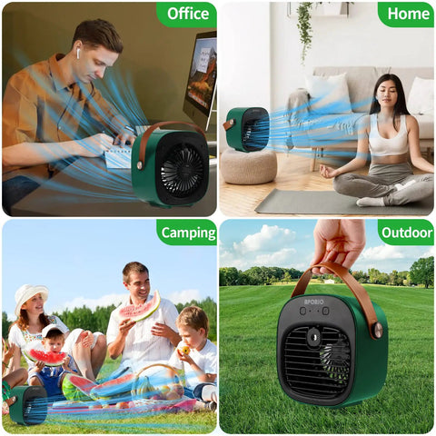 Rechargeable Portable Personal Air Cooler With 5200mAh Battery shown in office, home, camping, and outdoor settings