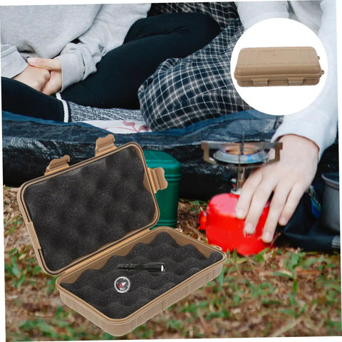 Rugged Outdoor Survival Storage Box Shockproof Case For Camping, Hiking, Fishing And Field Use open with contents near camping gear