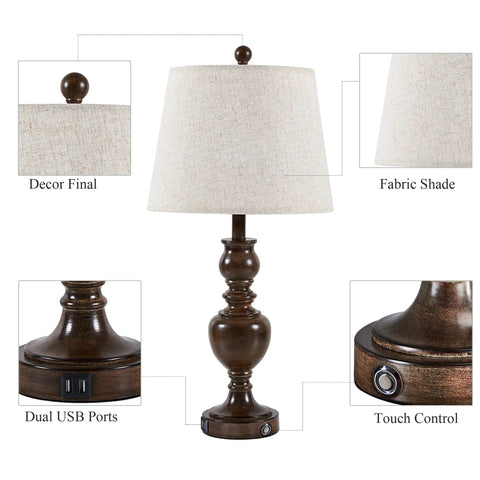 Set Of 2 Farmhouse Table Lamps With 3 Way Dimmable Touch Control, USB Charging Port, Nightstand And Desk Lamps, Resin Base With Linen Shade, LED Bulbs Included, Ideal For Bedroom And Living Room