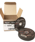 Box of Beefy Three Inch Cut Off Wheel Type One Sixteenth Inch Thick With Three Eighths Inch Arbor A36T 56091 Ten Pack displayed.