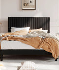 Queen Upholstered Platform Bed Frame With Adjustable Headboard Built Heavy Duty Featuring Dead Silent Wooden Slats For Rock Solid Support Plus Luxe Black Velvet Upholstery in a modern bedroom.