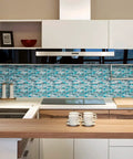 Modern kitchen with Easy Install 3D Peel And Stick Kitchen Backsplash Tiles Gray Pack Of 6, featuring blue and white mosaic pattern.