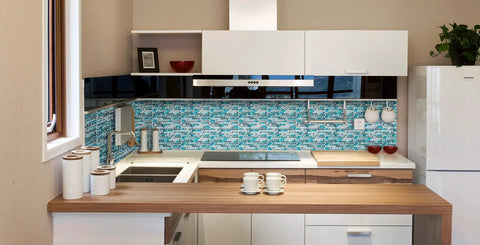 Modern kitchen with Easy Install 3D Peel And Stick Kitchen Backsplash Tiles Gray Pack Of 6, featuring blue and white mosaic pattern.
