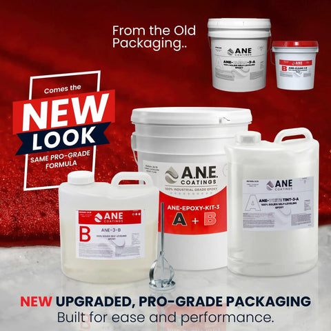 New packaging for Self Leveling Epoxy Resin Kit For Garage Floors And Countertops, Seamless And Durable, Industrial Grade Clear Epoxy.