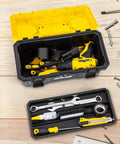 Sixteen Inch Tool Box With Lock And Two Layer Heavy Duty Organizer Removable Tray Liftable Lid For Small Parts 25 Lb Capacity Carry Handle For Tools Camping And Medical Supply Storage, open with tools