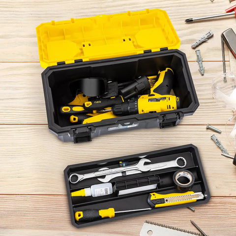 Sixteen Inch Tool Box With Lock And Two Layer Heavy Duty Organizer Removable Tray Liftable Lid For Small Parts 25 Lb Capacity Carry Handle For Tools Camping And Medical Supply Storage, open with tools
