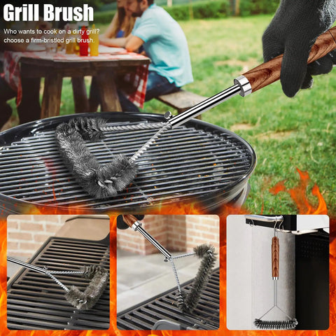 Using grill brush from 31 Piece Heavy Duty BBQ Grill Tools Set With Stainless Steel Utensils Mats And Carrying Bag The Ultimate Gift For Dad And Grill Gear Fans On Fathers Day Pro Style Tools Kit