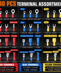 840 pcs terminal assortment including ring, fork, and bullet connectors in red, blue, and yellow for Killer 1242 Piece Wire Terminal Crimping Tool Kit That Comes Loaded with Ratcheting Crimper and Wire Stripper Cutter Offering 840 Insulated Connectors and 400 Heat Shrink Tubing Pieces for Serious Wiring Work.